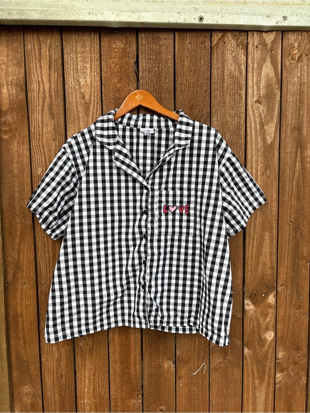 Keith Haring Black and White Gingham LOVE Embroidered Button Down